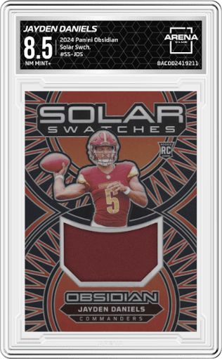 Jayden Daniels from the 2024 Panini Obsidian set graded by Arena Club and given an overall grade of 8.5.