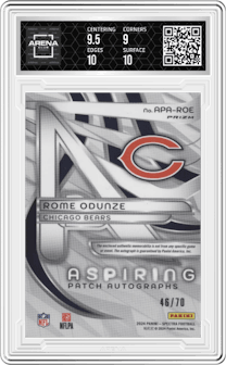 Rome Odunze from the 2024 Panini Spectra set featuring a Supernova parallel graded by Arena Club and given an overall grade of 9.5.