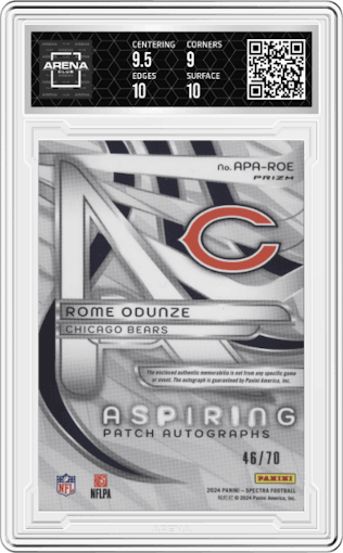 Rome Odunze from the 2024 Panini Spectra set featuring a Supernova parallel graded by Arena Club and given an overall grade of 9.5.