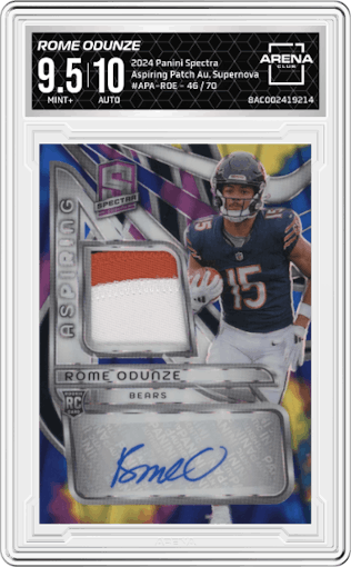 Rome Odunze from the 2024 Panini Spectra set featuring a Supernova parallel graded by Arena Club and given an overall grade of 9.5.