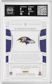 Rashod Bateman from the 2021 Panini National Treasures set featuring a Midnight parallel graded by Arena Club and given an overall grade of 9.5.