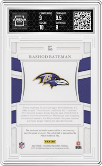Rashod Bateman from the 2021 Panini National Treasures set featuring a Midnight parallel graded by Arena Club and given an overall grade of 9.5.