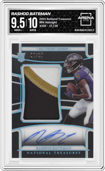 Rashod Bateman from the 2021 Panini National Treasures set featuring a Midnight parallel graded by Arena Club and given an overall grade of 9.5.