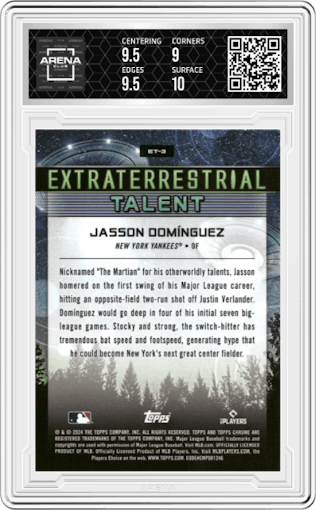 Jasson Dominguez from the 2024 Topps Cosmic Chrome set featuring a Green Space Dust Refractor parallel graded by Arena Club and given an overall grade of 9.5.
