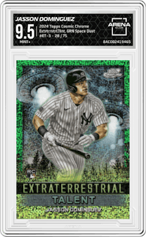 Jasson Dominguez from the 2024 Topps Cosmic Chrome set featuring a Green Space Dust Refractor parallel graded by Arena Club and given an overall grade of 9.5.