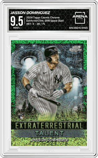 Jasson Dominguez from the 2024 Topps Cosmic Chrome set featuring a Green Space Dust Refractor parallel graded by Arena Club and given an overall grade of 9.5.