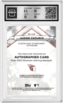 Jaison Chourio from the 2023 Bowman Sterling set featuring a Wave Refractor parallel graded by Arena Club and given an overall grade of 10.