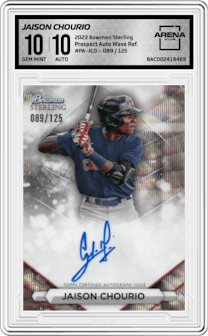 Jaison Chourio from the 2023 Bowman Sterling set featuring a Wave Refractor parallel graded by Arena Club and given an overall grade of 10.