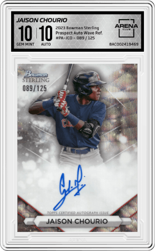 Jaison Chourio from the 2023 Bowman Sterling set featuring a Wave Refractor parallel graded by Arena Club and given an overall grade of 10.