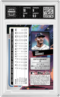 Julio Rodriguez from the 2024 Topps Cosmic Chrome set featuring a Purple Nebula Refractor parallel graded by Arena Club and given an overall grade of 9.5.