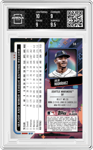 Julio Rodriguez from the 2024 Topps Cosmic Chrome set featuring a Purple Nebula Refractor parallel graded by Arena Club and given an overall grade of 9.5.