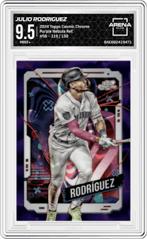 Julio Rodriguez from the 2024 Topps Cosmic Chrome set featuring a Purple Nebula Refractor parallel graded by Arena Club and given an overall grade of 9.5.