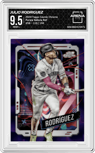 Julio Rodriguez from the 2024 Topps Cosmic Chrome set featuring a Purple Nebula Refractor parallel graded by Arena Club and given an overall grade of 9.5.