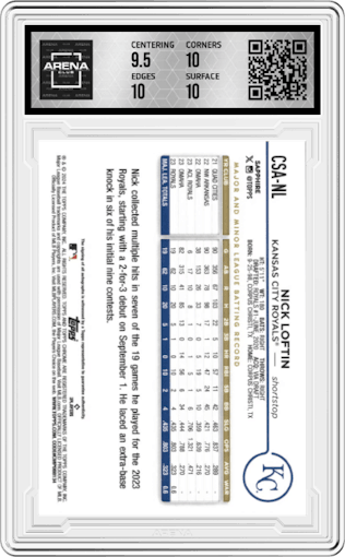 Nick Loftin from the 2024 Topps Chrome Sapphire set graded by Arena Club and given an overall grade of 10.