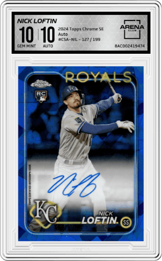 Nick Loftin from the 2024 Topps Chrome Sapphire set graded by Arena Club and given an overall grade of 10.