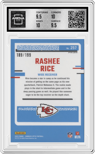 Rashee Rice from the 2023 Donruss Optic set featuring a Blue parallel graded by Arena Club and given an overall grade of 10.