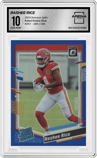 Rashee Rice from the 2023 Donruss Optic set featuring a Blue parallel graded by Arena Club and given an overall grade of 10.