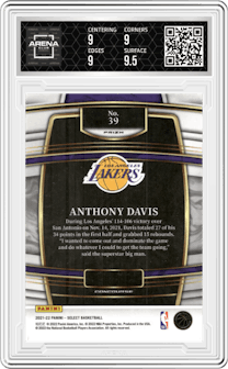 Anthony Davis from the 2021-22 Panini Select set featuring a Gold Wave parallel graded by Arena Club and given an overall grade of 9.