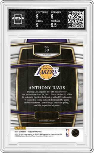 Anthony Davis from the 2021-22 Panini Select set featuring a Gold Wave parallel graded by Arena Club and given an overall grade of 9.