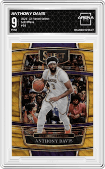 Anthony Davis from the 2021-22 Panini Select set featuring a Gold Wave parallel graded by Arena Club and given an overall grade of 9.
