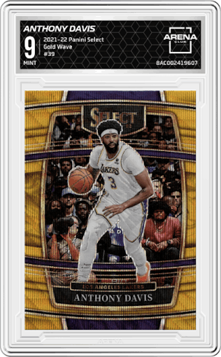 Anthony Davis from the 2021-22 Panini Select set featuring a Gold Wave parallel graded by Arena Club and given an overall grade of 9.