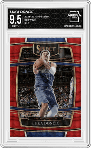 Luka Doncic from the 2021-22 Panini Select set featuring a Red Wave parallel graded by Arena Club and given an overall grade of 9.5.