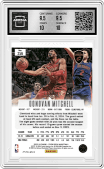 Donovan Mitchell from the 2023-24 Panini Prizm Deca set featuring a Blue Prizm parallel graded by Arena Club and given an overall grade of 10.