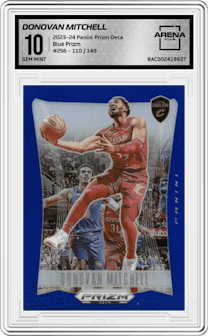 Donovan Mitchell from the 2023-24 Panini Prizm Deca set featuring a Blue Prizm parallel graded by Arena Club and given an overall grade of 10.