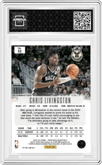 Chris Livingston from the 2023-24 Panini Prizm Deca set featuring a Blue Prizm parallel graded by Arena Club and given an overall grade of 0.