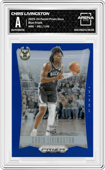 Chris Livingston from the 2023-24 Panini Prizm Deca set featuring a Blue Prizm parallel graded by Arena Club and given an overall grade of 0.