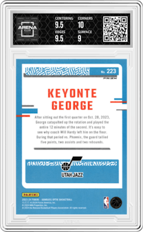 Keyonte George from the 2023-24 Donruss Optic set featuring a Holo parallel graded by Arena Club and given an overall grade of 9.5.