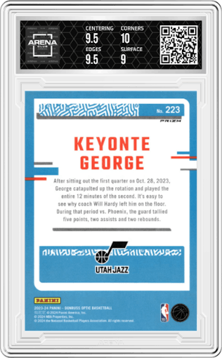 Keyonte George from the 2023-24 Donruss Optic set featuring a Holo parallel graded by Arena Club and given an overall grade of 9.5.