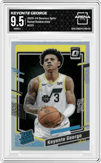 Keyonte George from the 2023-24 Donruss Optic set featuring a Holo parallel graded by Arena Club and given an overall grade of 9.5.