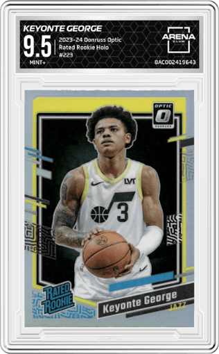 Keyonte George from the 2023-24 Donruss Optic set featuring a Holo parallel graded by Arena Club and given an overall grade of 9.5.