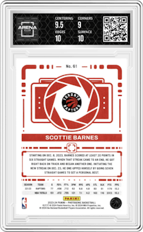 Scottie Barnes from the 2023-24 Panini Photogenic set featuring a Diamond parallel graded by Arena Club and given an overall grade of 9.5.