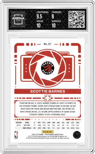 Scottie Barnes from the 2023-24 Panini Photogenic set featuring a Diamond parallel graded by Arena Club and given an overall grade of 9.5.