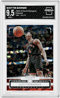 Scottie Barnes from the 2023-24 Panini Photogenic set featuring a Diamond parallel graded by Arena Club and given an overall grade of 9.5.