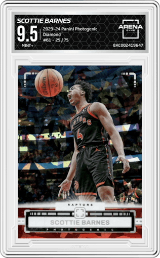 Scottie Barnes from the 2023-24 Panini Photogenic set featuring a Diamond parallel graded by Arena Club and given an overall grade of 9.5.