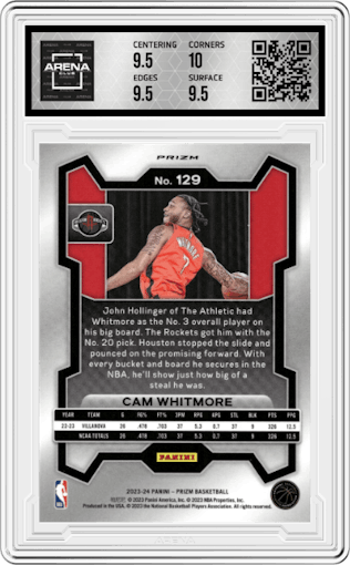Cam Whitmore from the 2023-24 Panini Prizm set featuring a Orange Ice parallel graded by Arena Club and given an overall grade of 10.