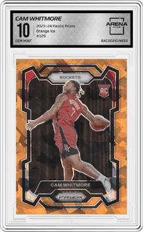 Cam Whitmore from the 2023-24 Panini Prizm set featuring a Orange Ice parallel graded by Arena Club and given an overall grade of 10.