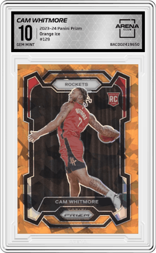 Cam Whitmore from the 2023-24 Panini Prizm set featuring a Orange Ice parallel graded by Arena Club and given an overall grade of 10.