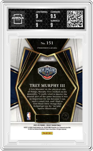 Trey Murphy III from the 2021-22 Panini Select set featuring a Gold Wave parallel graded by Arena Club and given an overall grade of 9.