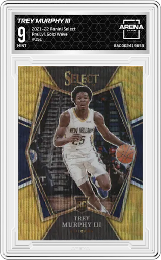 Trey Murphy III from the 2021-22 Panini Select set featuring a Gold Wave parallel graded by Arena Club and given an overall grade of 9.