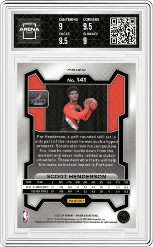 Scoot Henderson from the 2023-24 Panini Prizm set featuring a Orange Ice parallel graded by Arena Club and given an overall grade of 9.5.