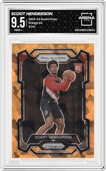 Scoot Henderson from the 2023-24 Panini Prizm set featuring a Orange Ice parallel graded by Arena Club and given an overall grade of 9.5.
