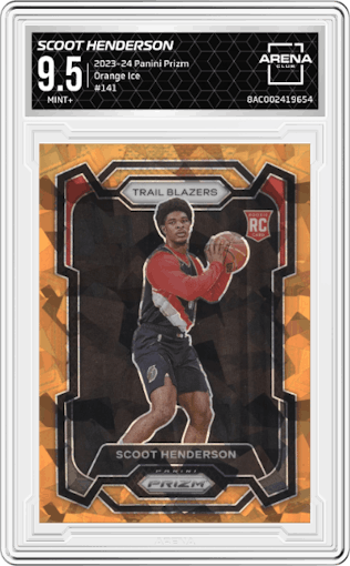 Scoot Henderson from the 2023-24 Panini Prizm set featuring a Orange Ice parallel graded by Arena Club and given an overall grade of 9.5.