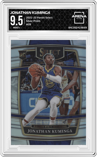 Jonathan Kuminga from the 2021-22 Panini Select set featuring a Silver Prizm parallel graded by Arena Club and given an overall grade of 9.5.