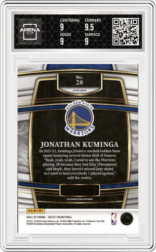 Jonathan Kuminga from the 2021-22 Panini Select set featuring a Red Wave parallel graded by Arena Club and given an overall grade of 9.