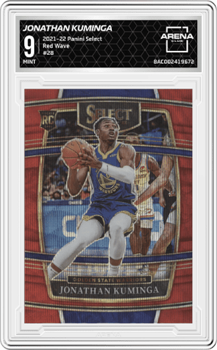 Jonathan Kuminga from the 2021-22 Panini Select set featuring a Red Wave parallel graded by Arena Club and given an overall grade of 9.