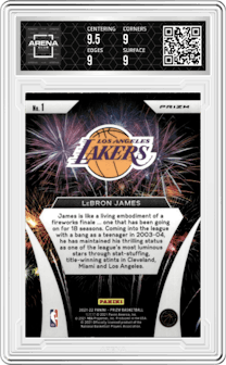 Lebron James from the 2021-22 Panini Prizm  set featuring a Hyper Prizm parallel graded by Arena Club and given an overall grade of 9.